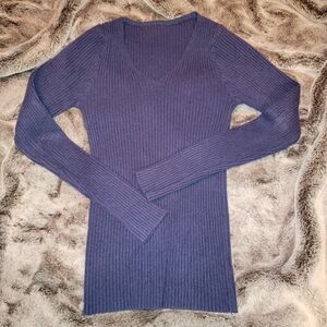 Women's Ribbed V-Neck Sweater - Blue Size Small